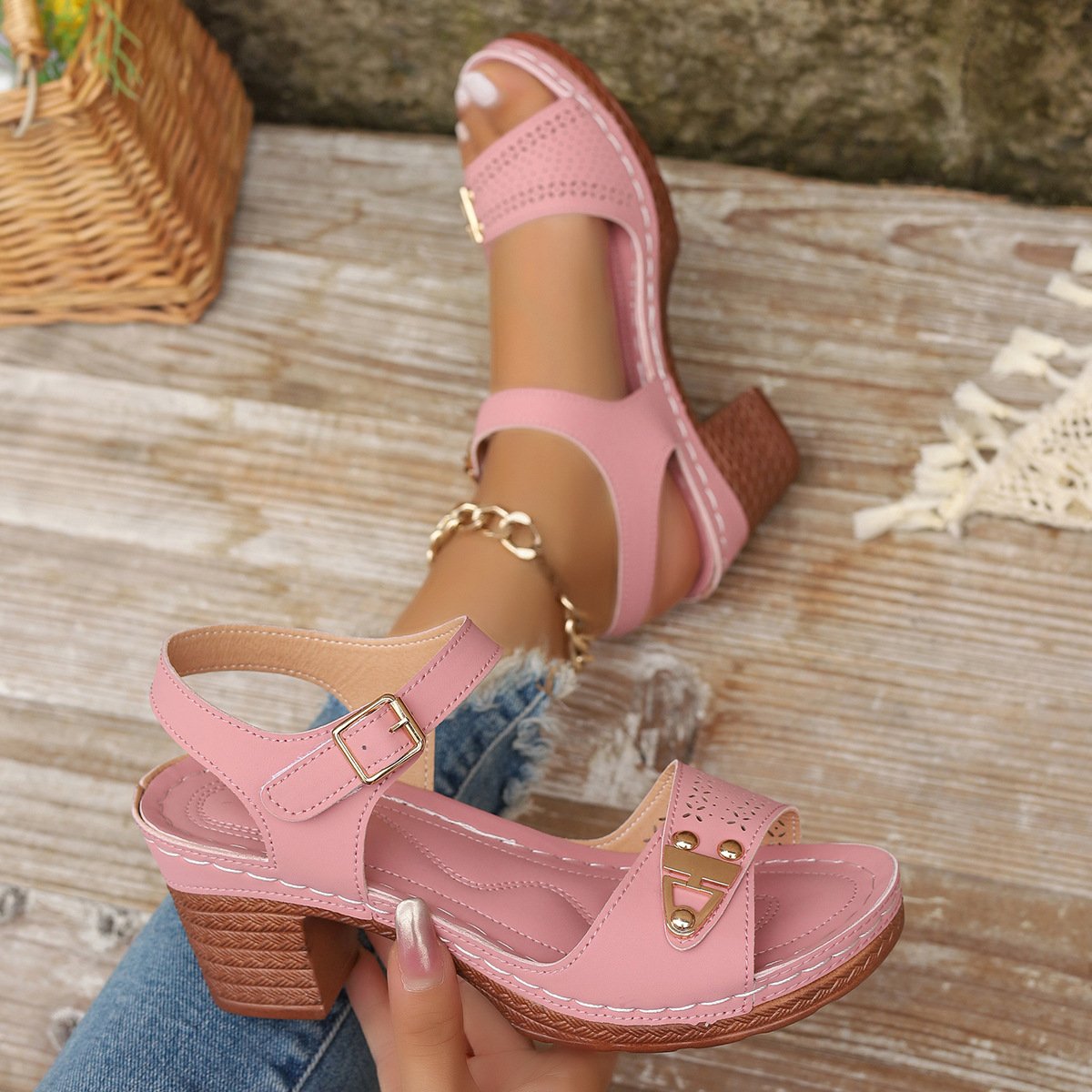 Damen Dick Absatz Pantolette für Damen zu Tragen wie Oberbekleidung im Sommer Neu Dick Absatz Große Größen Lässig Metallische Schnalle Bequem Hoher Absatz römisch Pantolette