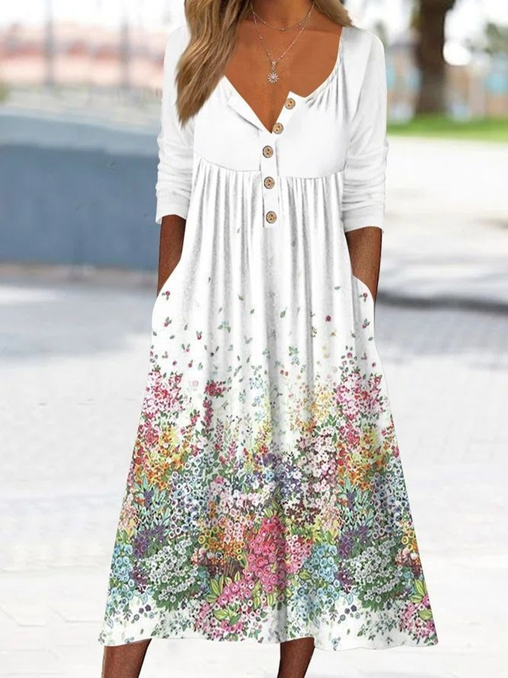 Damen Geblümt Halbarm Sommer Print Kleid Halb offener Kragen Täglich Lässig Maxikleid A-Linien-Kleid
