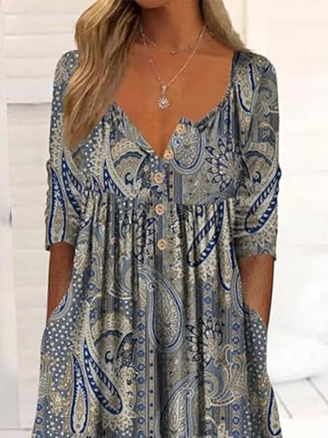 Damen Paisley Halbarm Sommer Print Kleid Halb offener Kragen Täglich Lässig Maxikleid A-Linien-Kleid