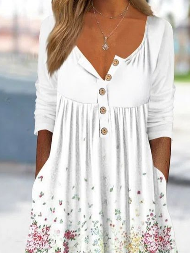 Damen Geblümt Halbarm Sommer Print Kleid Halb offener Kragen Täglich Lässig Maxikleid A-Linien-Kleid