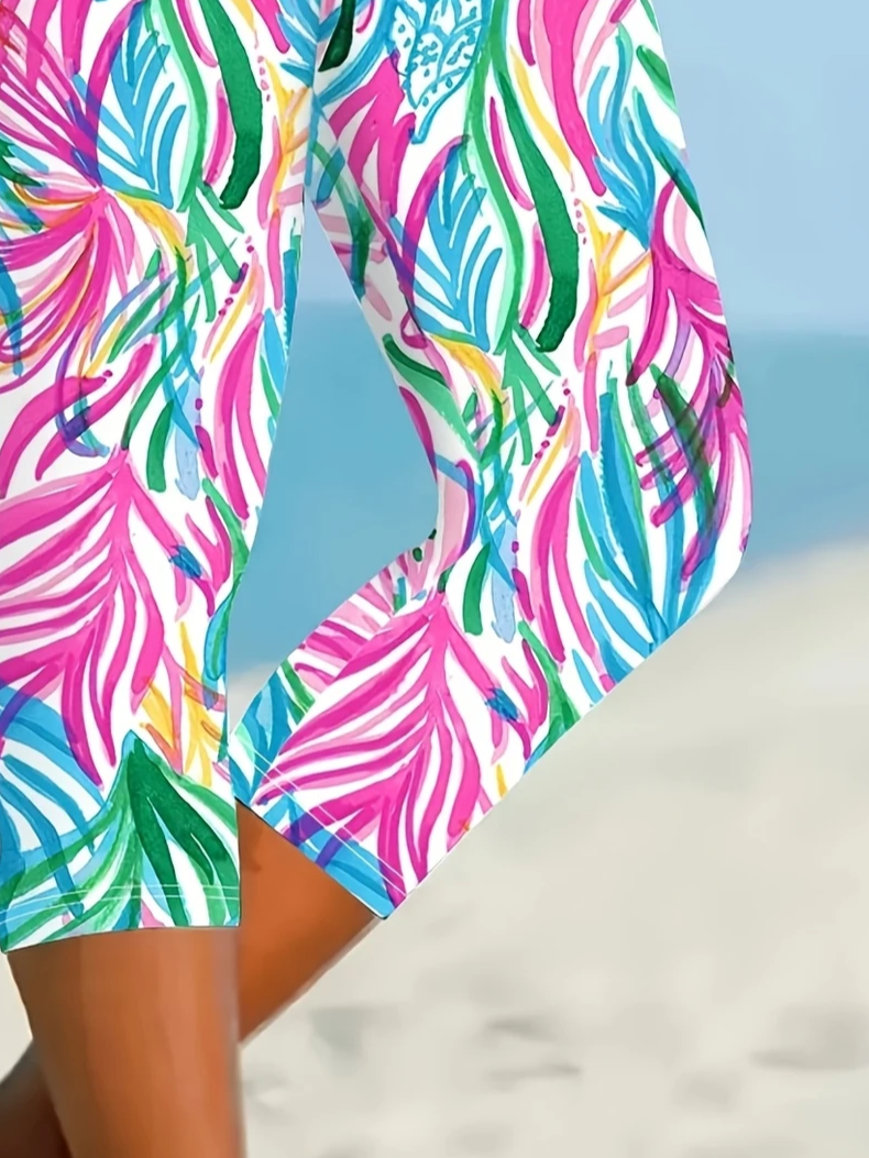 Damen Geblümt Caprihosen Elastische Taille Hose Lässig Sommer Hose
