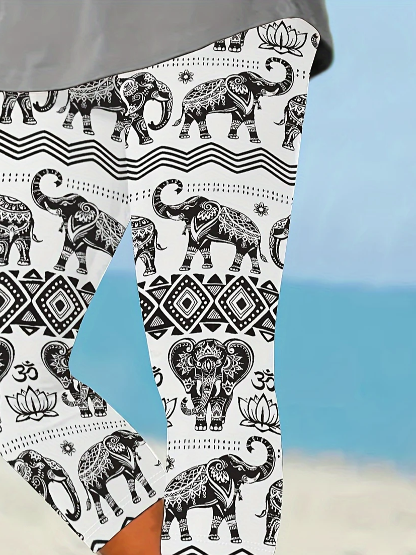 Damen Elefant Caprihosen Elastische Taille Hose Lässig Sommer Hose