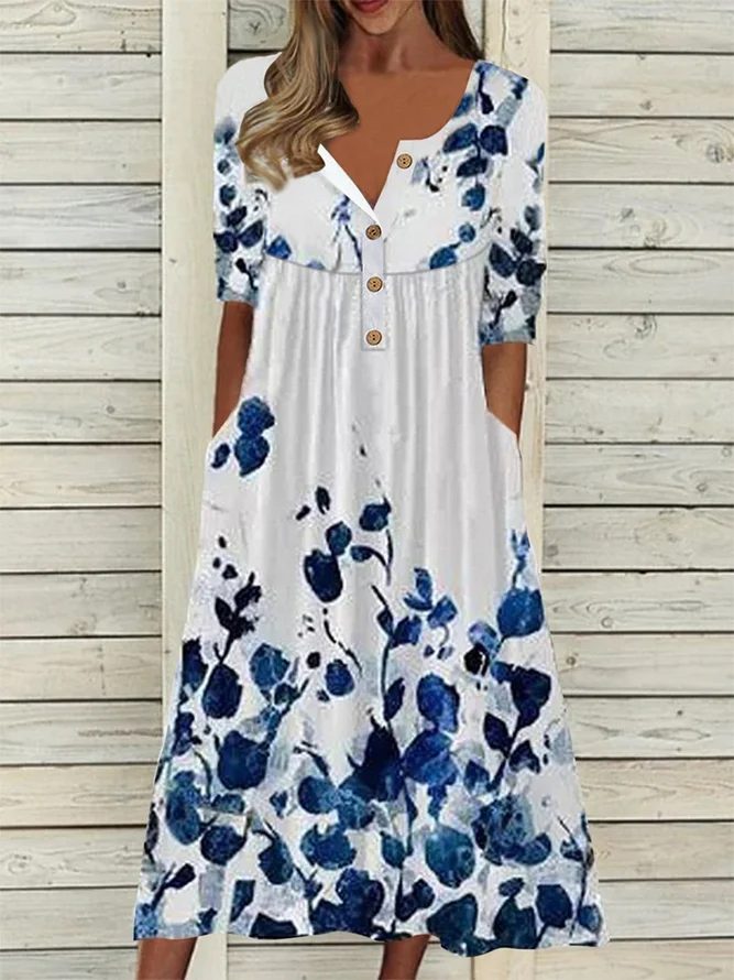 Damen Geblümt Halbarm Sommer Print Kleid Halb offener Kragen Täglich Lässig Maxikleid A-Linien-Kleid
