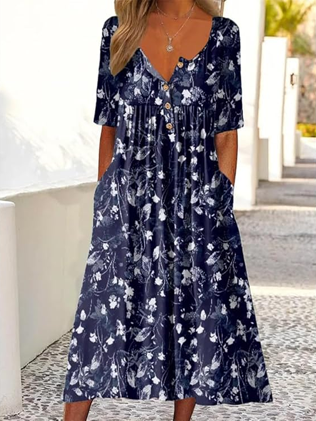 Damen Geblümt Halbarm Sommer Print Kleid Halb offener Kragen Täglich Lässig Maxikleid A-Linien-Kleid