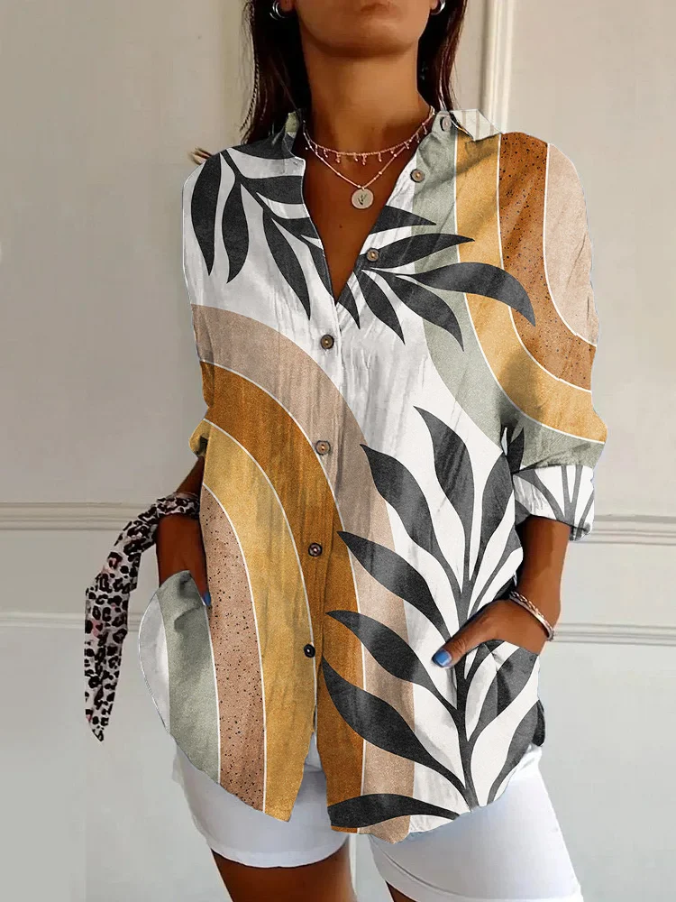 Damen Geometrisch Langarm Bluse Frühling/Herbst Schnalle Hemdkragen Täglich Lässig Oberteile