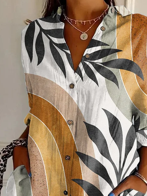 Damen Geometrisch Langarm Bluse Frühling/Herbst Schnalle Hemdkragen Täglich Lässig Oberteile
