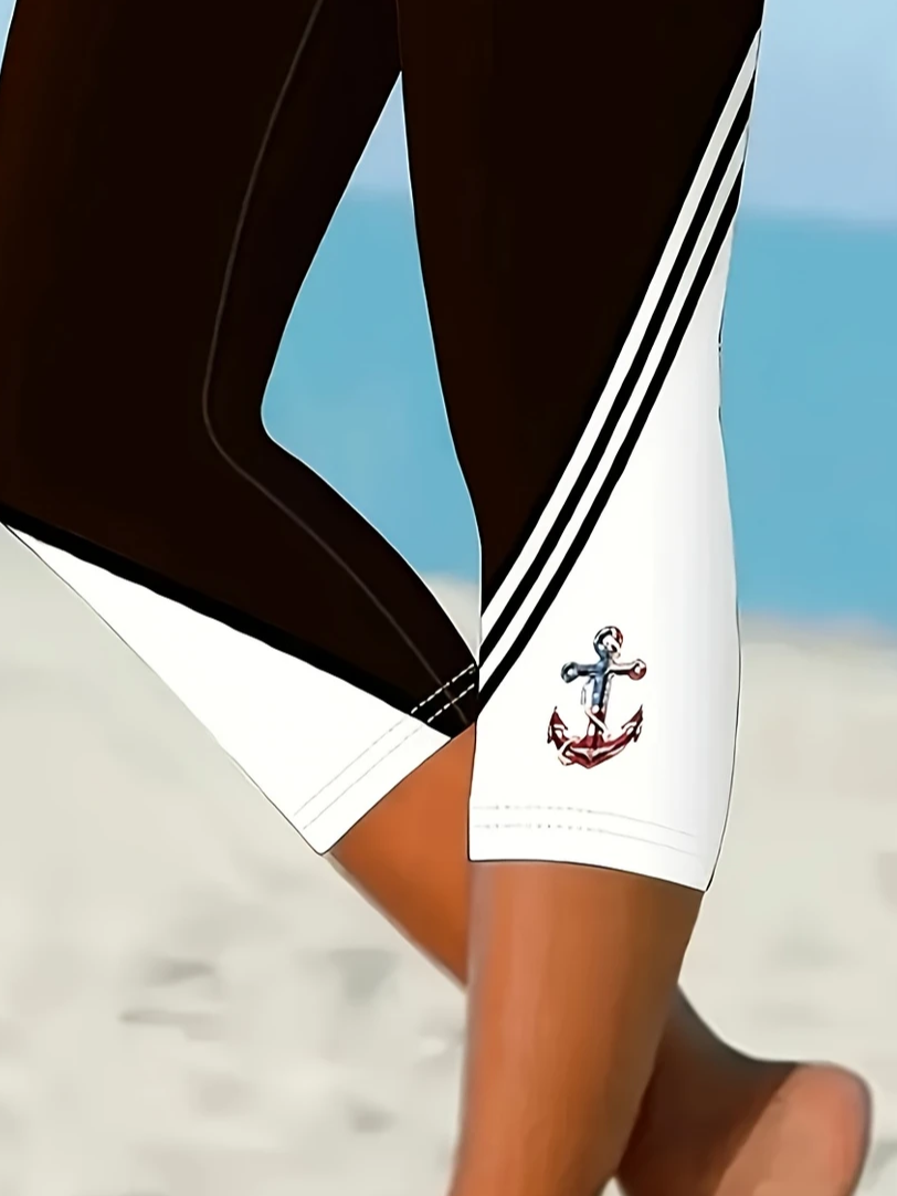 Damen Anker Caprihosen Elastische Taille Hose Lässig Sommer Hose