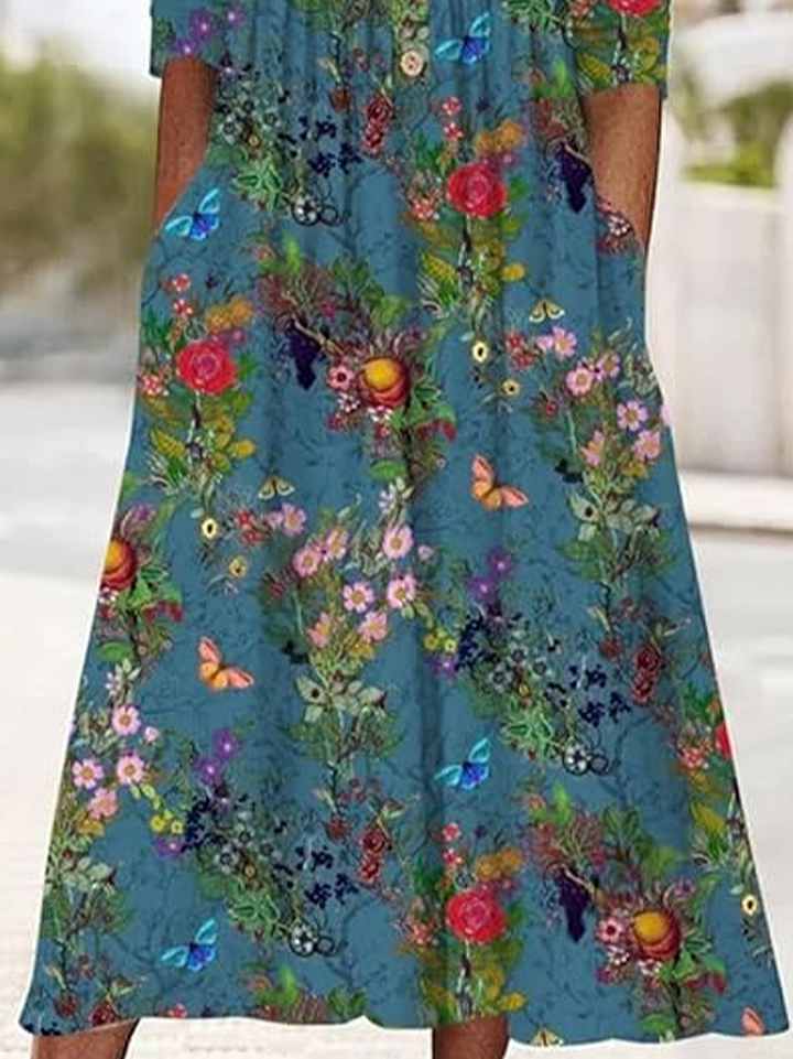 Damen Geblümt Halbarm Sommer Print Kleid Halb offener Kragen Täglich Lässig Maxikleid A-Linien-Kleid