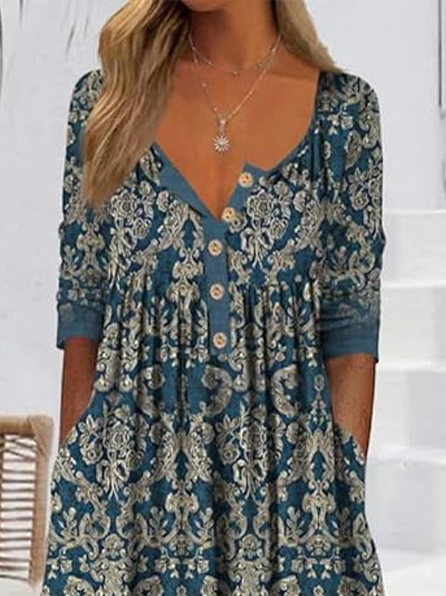 Damen Geblümt Halbarm Sommer Print Kleid Halb offener Kragen Täglich Lässig Maxikleid A-Linien-Kleid