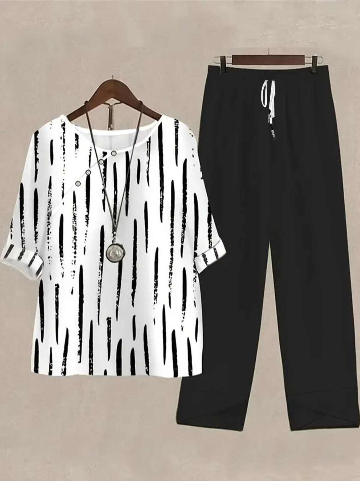 Damen Gestreift Print Zweiteiliges Set Täglich Halbarm Lässig Sommer Bluse mit Hose Matching Set