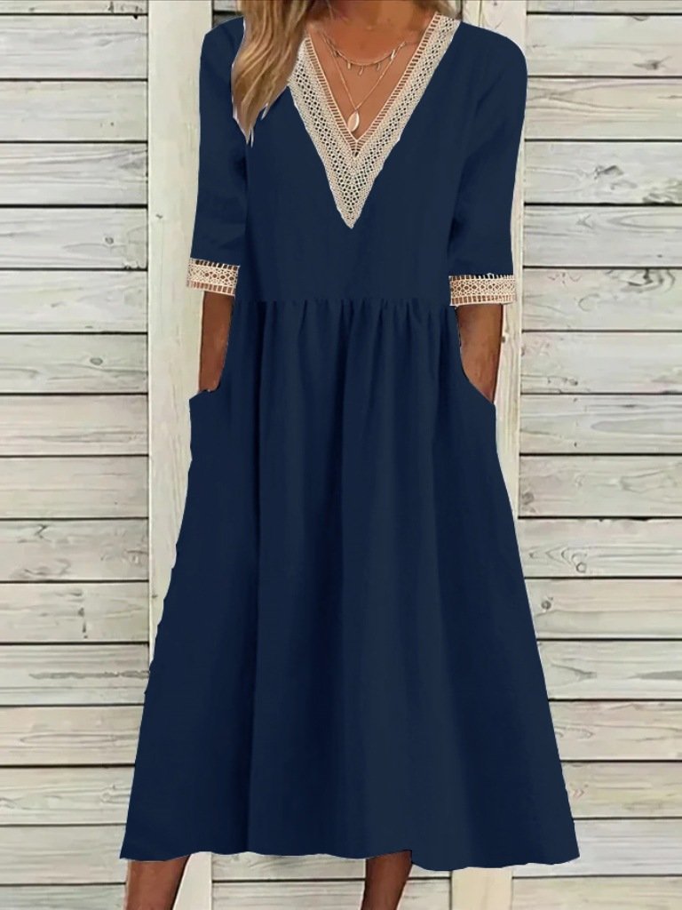 Damen Unifarben Halbarm Sommer Nahtverarbeitung Kleid V-Ausschnitt Täglich Lässig Maxikleid Passen & Flare Kleid A-Linien-Kleid