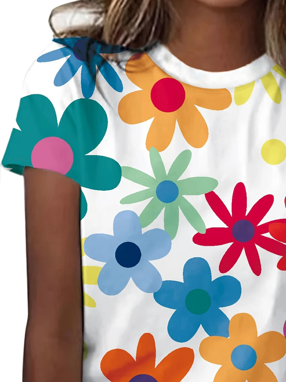 Damen Geblümt Kurzarm T-Shirts T-Shirt Rundhals Print Lässig Sommer T-Shirt mit Grafik Oberteile