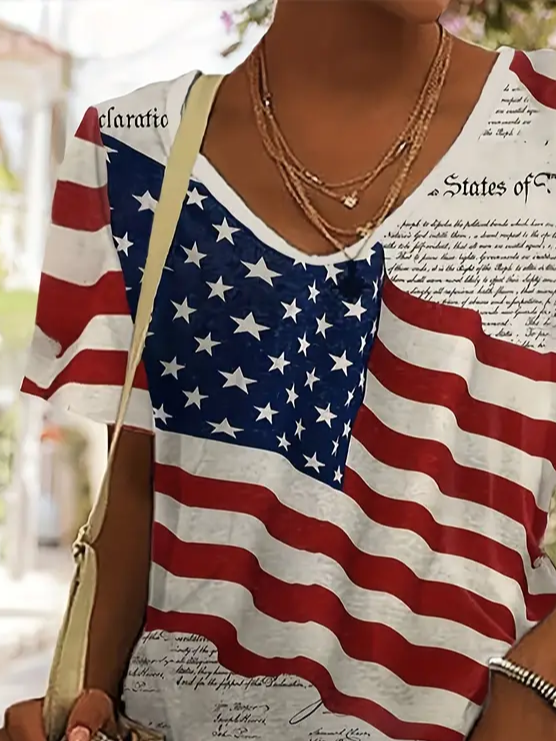 Damen Tag der Unabhängigkeit (Flagge) Kurzarm T-Shirts T-Shirt V-Ausschnitt Print Lässig Sommer T-Shirt mit Grafik Oberteile