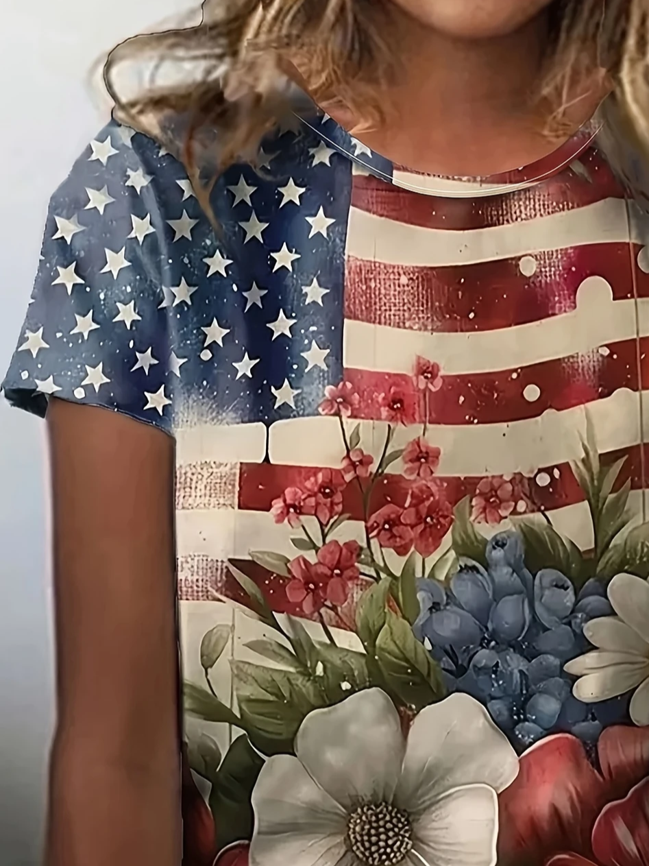 Damen Geblümt Kurzarm T-Shirts T-Shirt Rundhals Print Lässig Sommer T-Shirt mit Grafik Oberteile