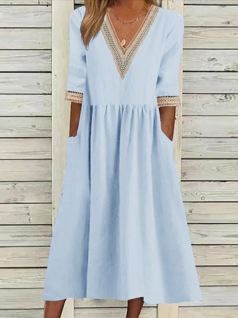 Damen Unifarben Halbarm Sommer Nahtverarbeitung Kleid V-Ausschnitt Täglich Lässig Maxikleid Passen & Flare Kleid A-Linien-Kleid