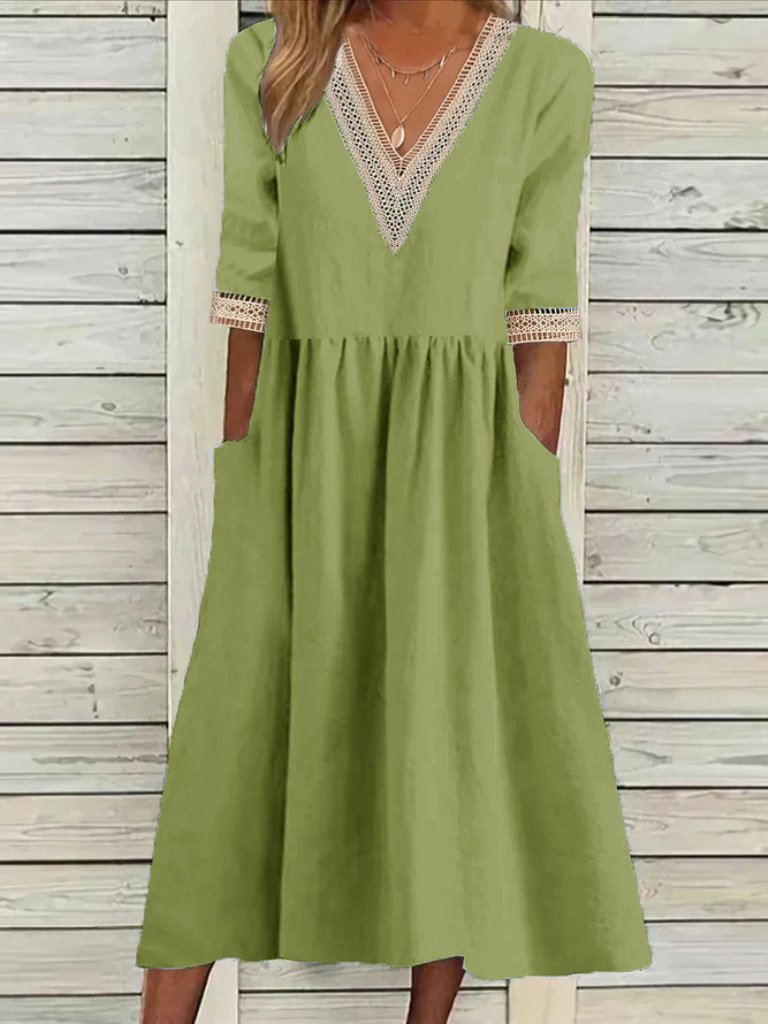 Damen Unifarben Halbarm Sommer Nahtverarbeitung Kleid V-Ausschnitt Täglich Lässig Maxikleid Passen & Flare Kleid A-Linien-Kleid