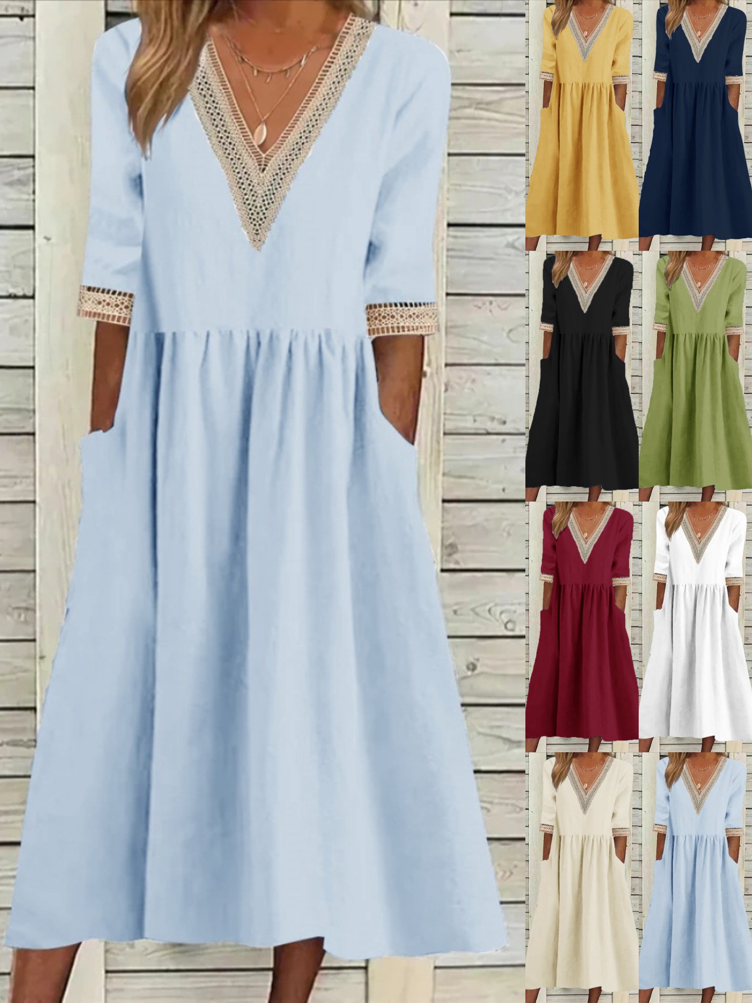 Damen Unifarben Halbarm Sommer Nahtverarbeitung Kleid V-Ausschnitt Täglich Lässig Maxikleid Passen & Flare Kleid A-Linien-Kleid