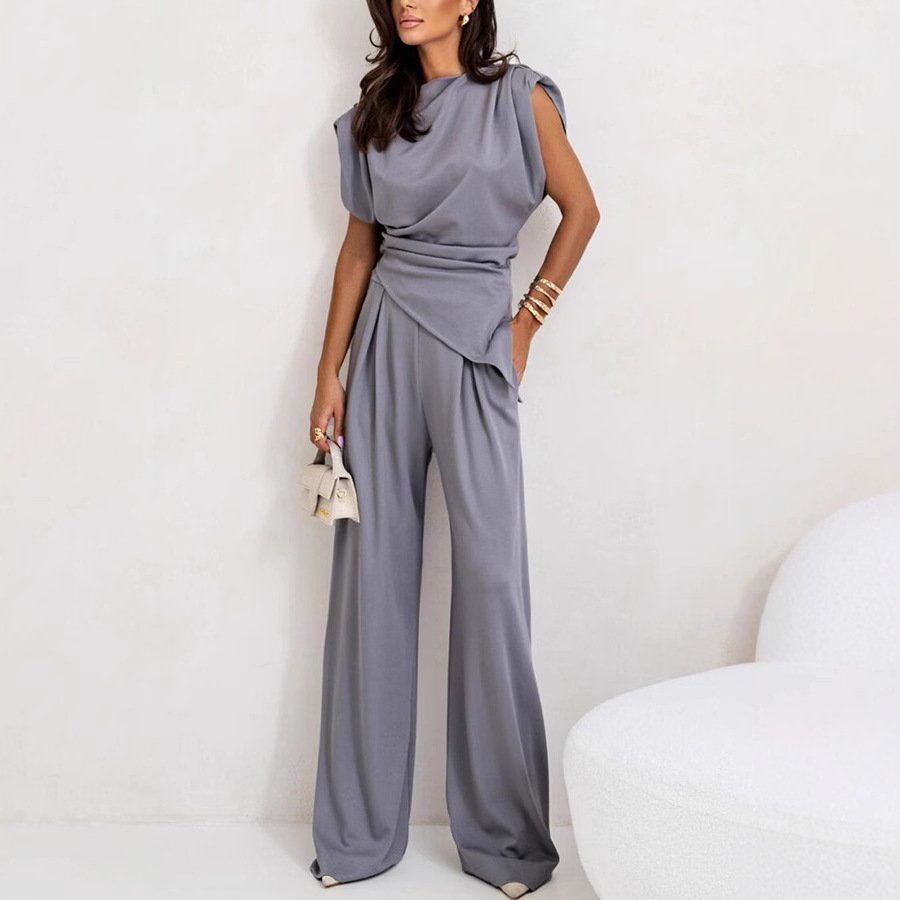 Damen Unifarben Irregulär Handwerkskunst Zweiteiliges Set Täglich Ärmellos Lässig Sommer Bluse mit Hose Matching Set