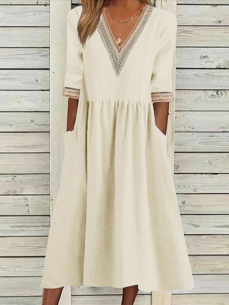 Damen Unifarben Halbarm Sommer Nahtverarbeitung Kleid V-Ausschnitt Täglich Lässig Maxikleid Passen & Flare Kleid A-Linien-Kleid