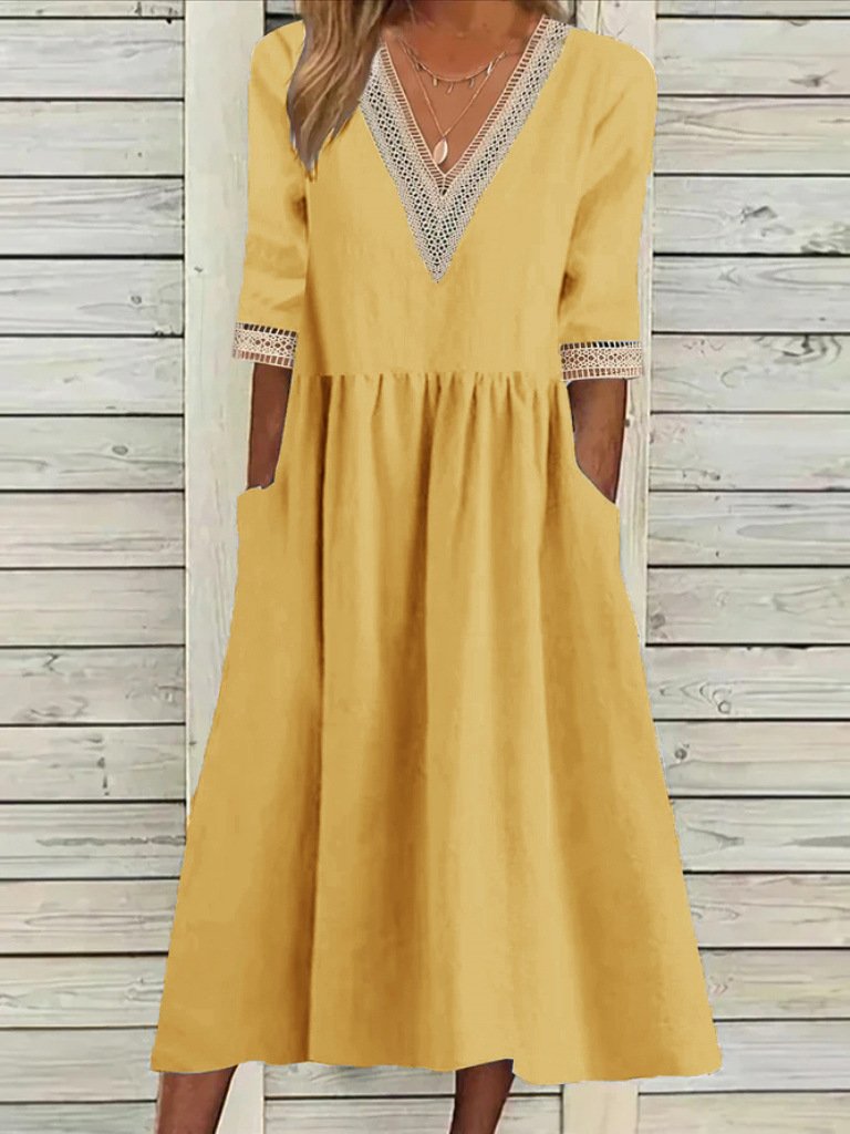 Damen Unifarben Halbarm Sommer Nahtverarbeitung Kleid V-Ausschnitt Täglich Lässig Maxikleid Passen & Flare Kleid A-Linien-Kleid