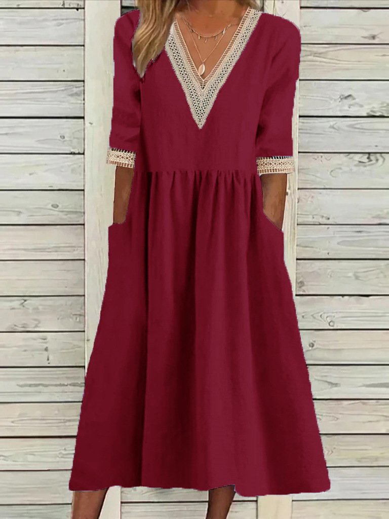 Damen Unifarben Halbarm Sommer Nahtverarbeitung Kleid V-Ausschnitt Täglich Lässig Maxikleid Passen & Flare Kleid A-Linien-Kleid