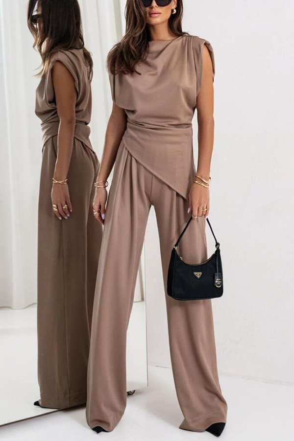 Damen Unifarben Irregulär Handwerkskunst Zweiteiliges Set Täglich Ärmellos Lässig Sommer Bluse mit Hose Matching Set