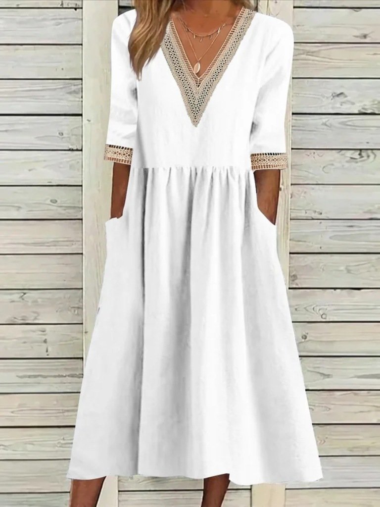 Damen Unifarben Halbarm Sommer Nahtverarbeitung Kleid V-Ausschnitt Täglich Lässig Maxikleid Passen & Flare Kleid A-Linien-Kleid