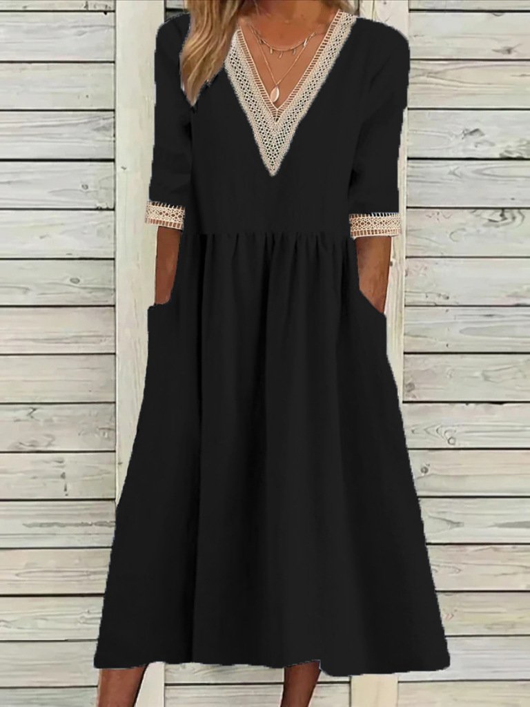 Damen Unifarben Halbarm Sommer Nahtverarbeitung Kleid V-Ausschnitt Täglich Lässig Maxikleid Passen & Flare Kleid A-Linien-Kleid