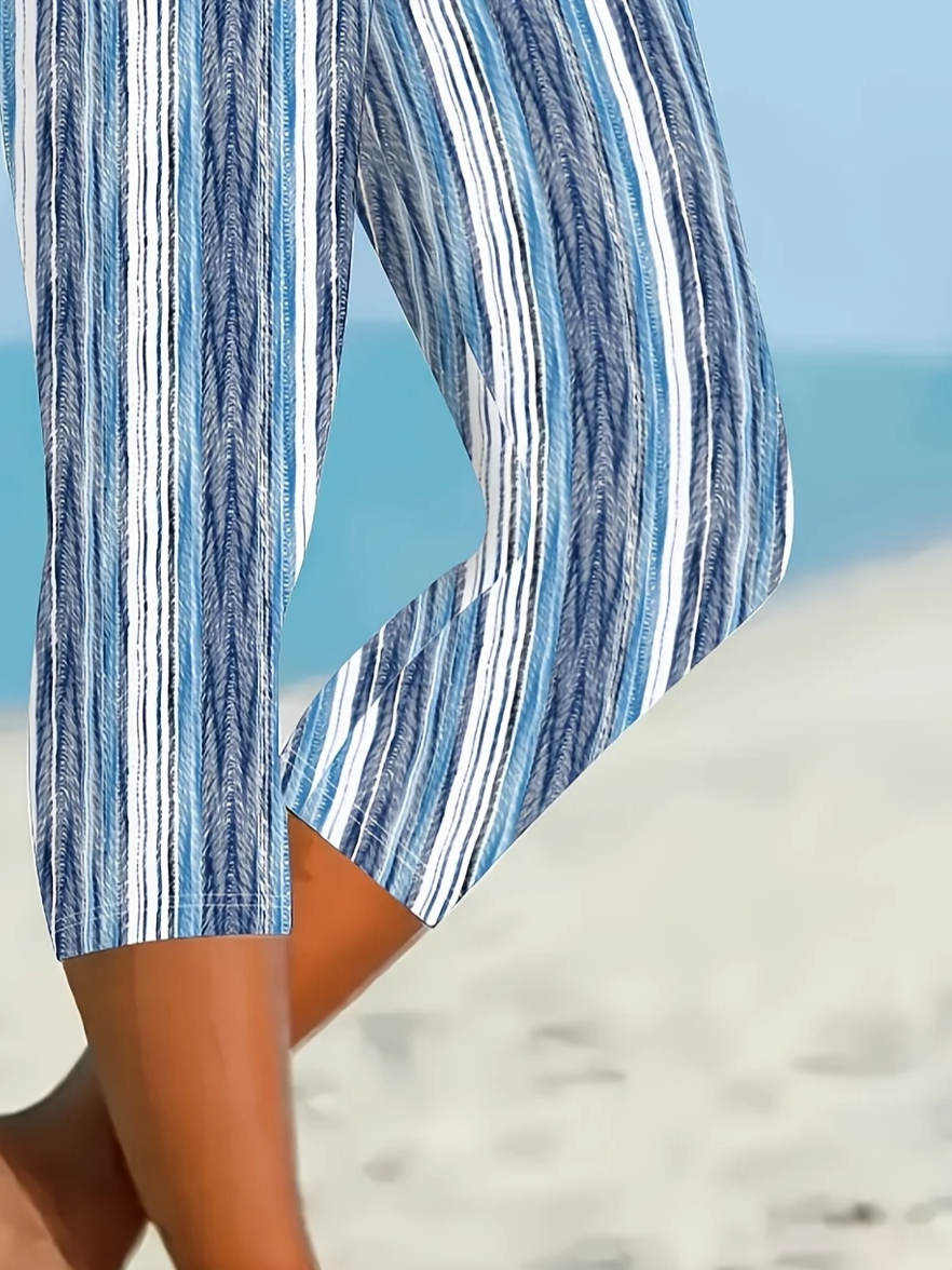 Damen Gestreift Caprihosen Elastische Taille Hose Lässig Sommer Hose