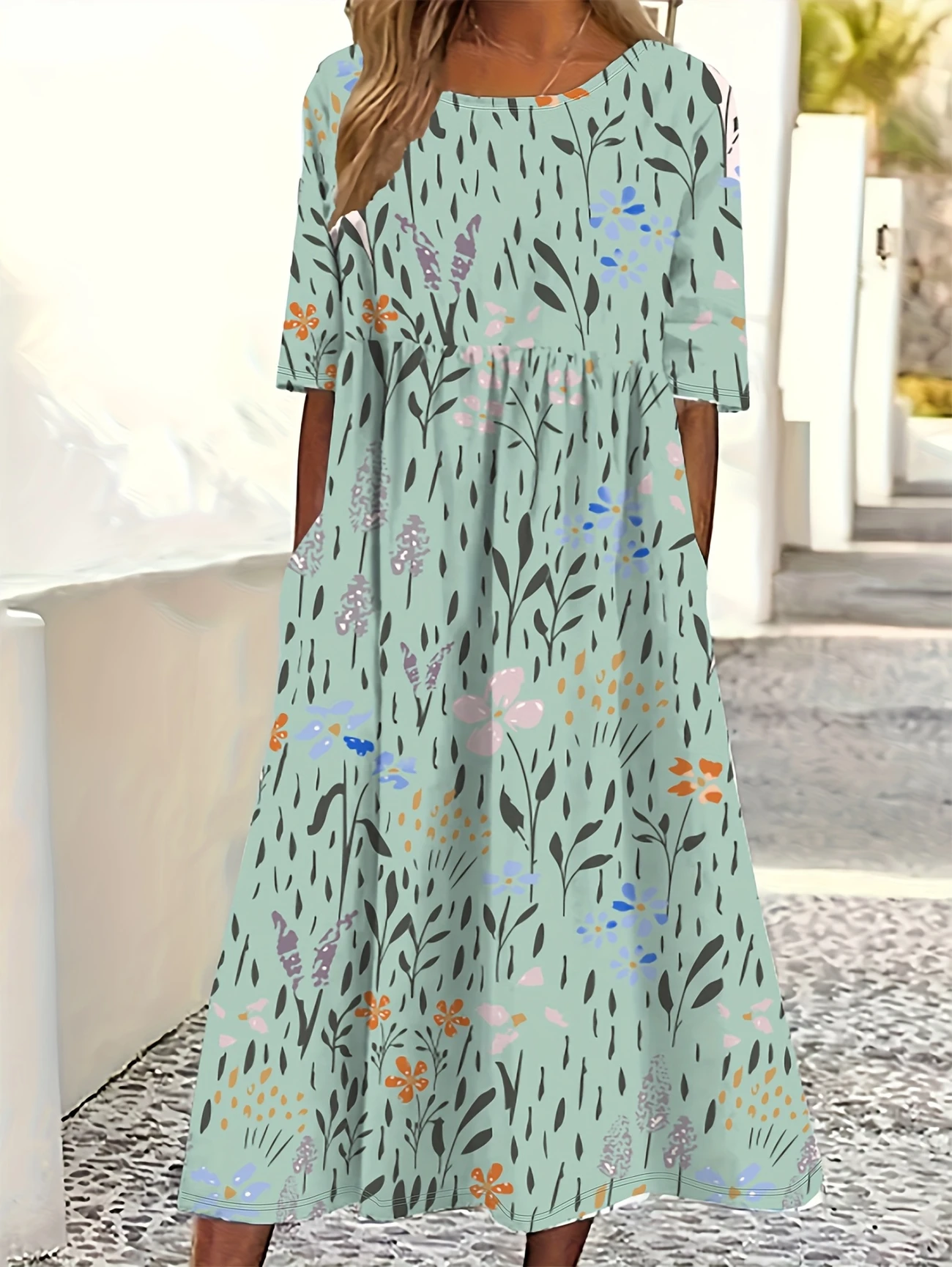 Damen Geblümt Halbarm Sommer Print Kleid Rundhals Täglich Lässig Maxikleid A-Linien-Kleid