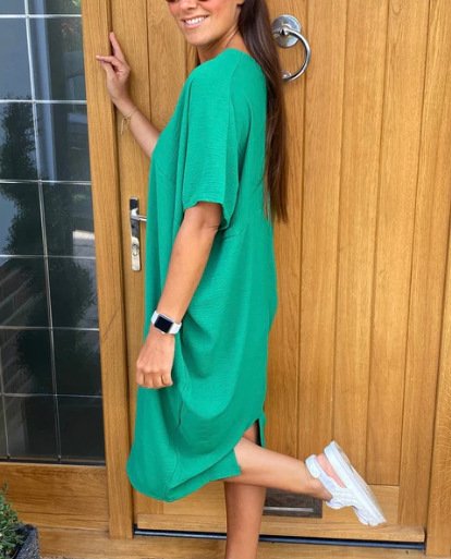 Damen Unifarben Halbarm Sommer Schlitz Kleid V-Ausschnitt Täglich Lässig Maxikleid Tanktop A-Linien-Kleid