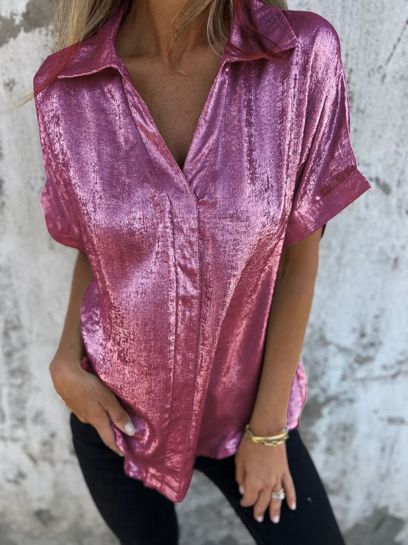 Damen Unifarben Kurzarm Bluse Sommer Metall Schalkragen Täglich Lässig Oberteile