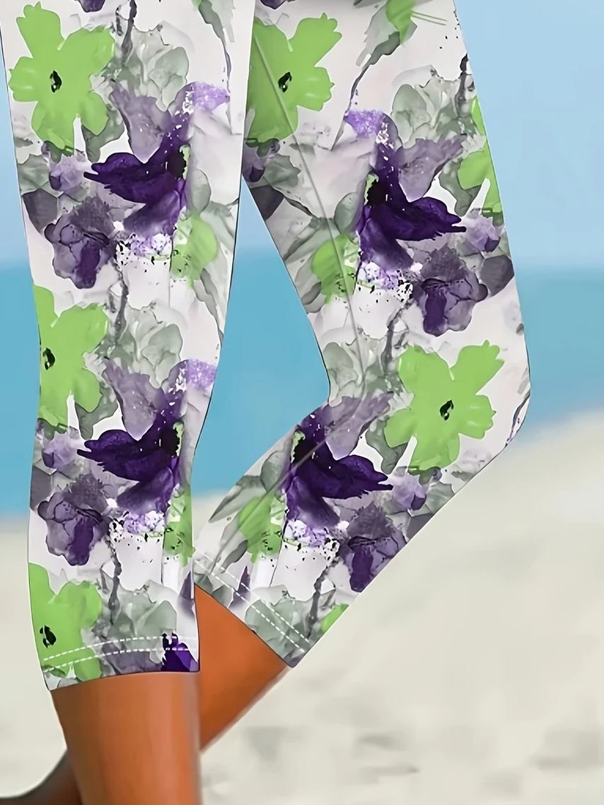 Damen Geblümt Caprihosen Elastische Taille Hose Lässig Sommer Hose