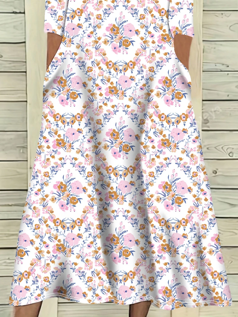 Damen Geblümt Halbarm Sommer Print Kleid Rundhals Täglich Lässig Maxikleid A-Linien-Kleid