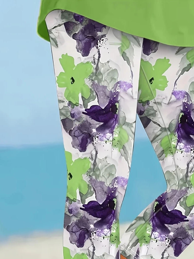 Damen Geblümt Caprihosen Elastische Taille Hose Lässig Sommer Hose