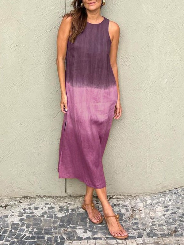 Damen Farbverlauf Ärmellos Sommer Kleid Rundhals Täglich Lässig Maxikleid Fließendes Kleid A-Linien-Kleid