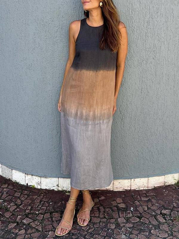 Damen Farbverlauf Ärmellos Sommer Kleid Rundhals Täglich Lässig Maxikleid Fließendes Kleid A-Linien-Kleid