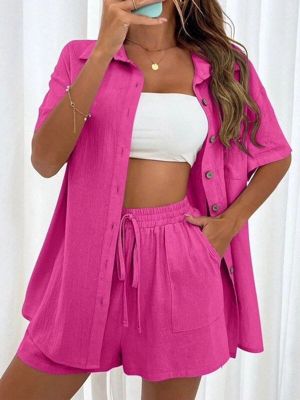 Damen Unifarben Nahtverarbeitung Zweiteiliges Set Täglich Kurzarm Lässig Sommer Bluse mit Hose Matching Set