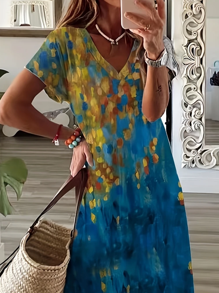 Damen Abstrakt Kurzarm Sommer Print Kleid V-Ausschnitt Täglich Lässig Maxikleid X-Linie Kleid
