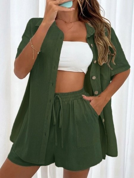 Damen Unifarben Nahtverarbeitung Zweiteiliges Set Täglich Kurzarm Lässig Sommer Bluse mit Hose Matching Set