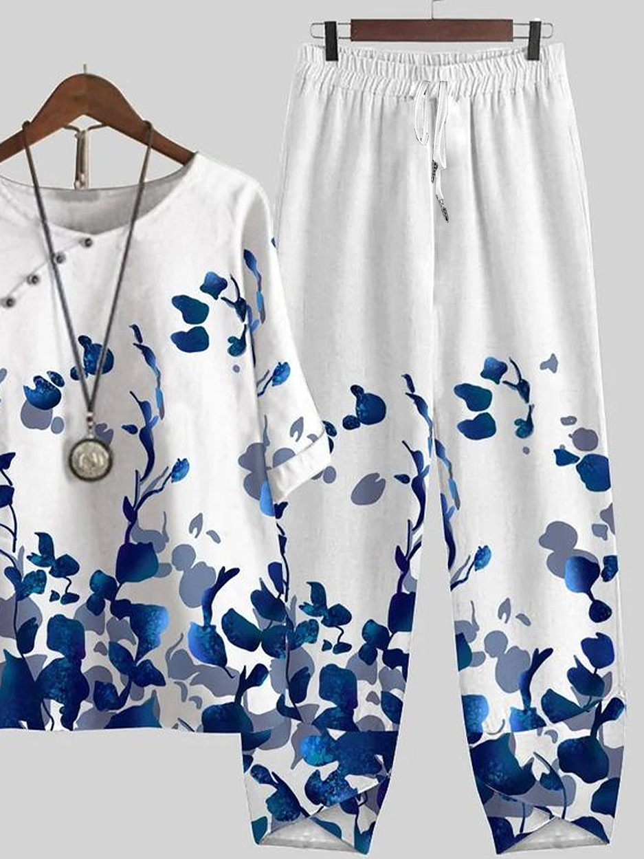 Damen Geblümt Print Zweiteiliges Set Täglich Halbarm Lässig Sommer Bluse mit Hose Matching Set