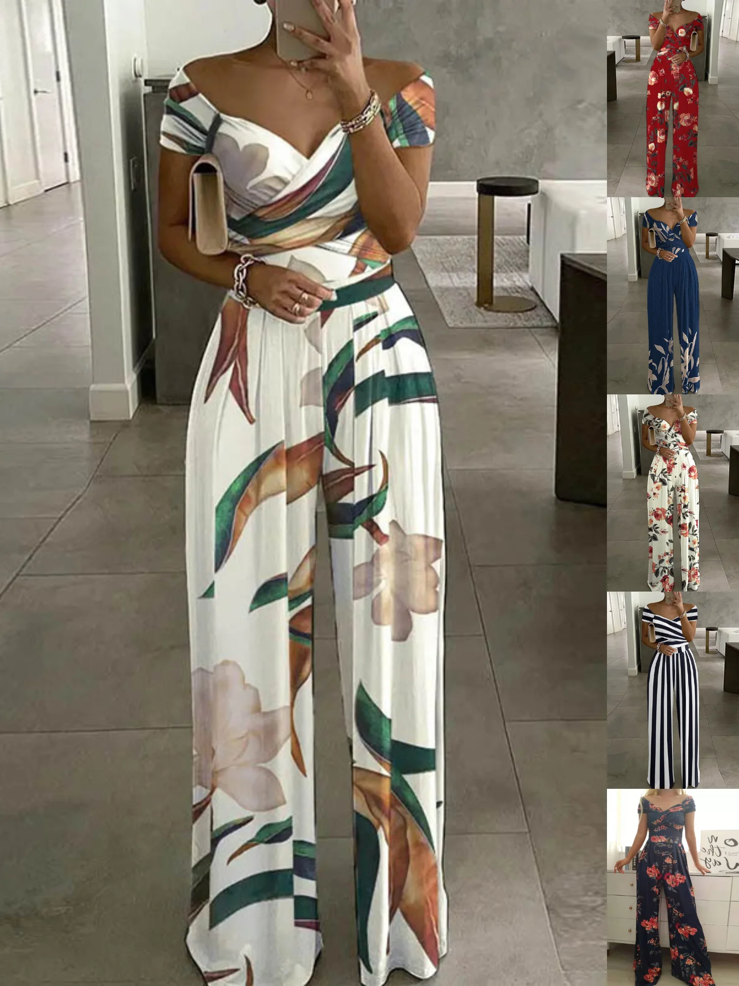 Damen Gestreift Schulterfrei Kurzarm Lässig Sommer Jumpsuit