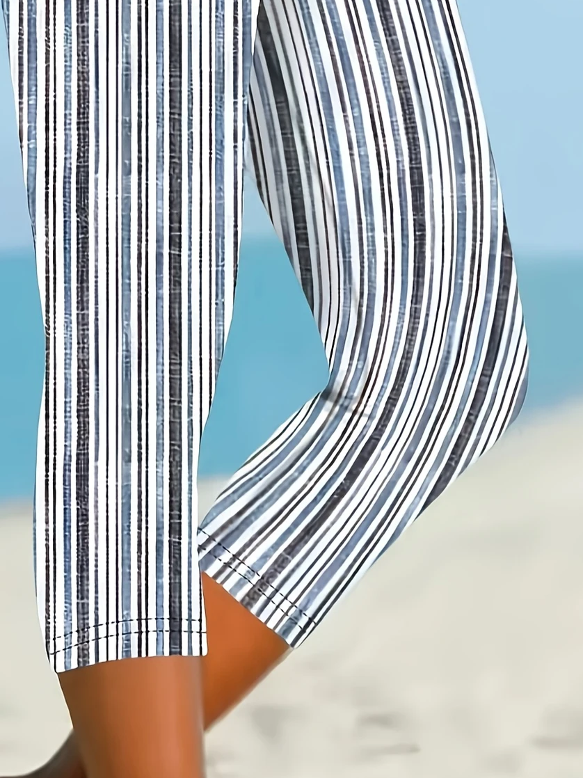 Damen Gestreift Caprihosen Elastische Taille Hose Lässig Sommer Hose