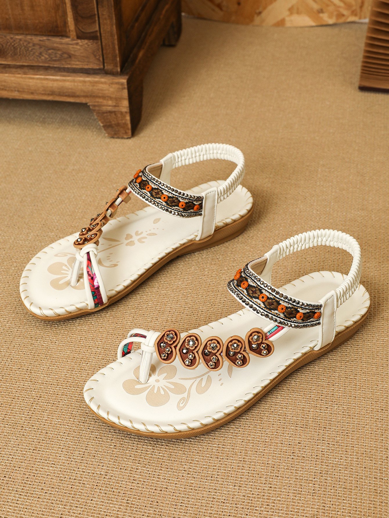 Bohemien Ethnisch Stil Schuhe für Damen Sommer Fashion Strand Flach Pantolette Perlen Diamant Zehentrenner Pantolette