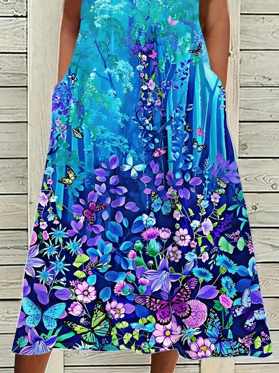 Damen Geblümt Halbarm Sommer Print Kleid Rundhals Täglich Lässig Maxikleid A-Linien-Kleid