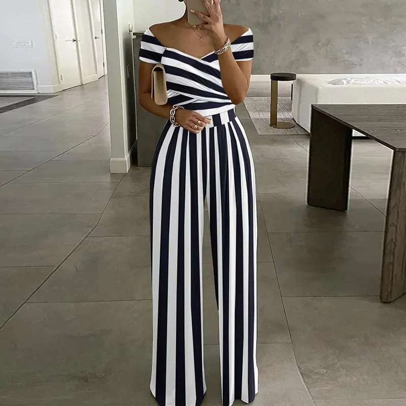 Damen Gestreift Schulterfrei Kurzarm Lässig Sommer Jumpsuit