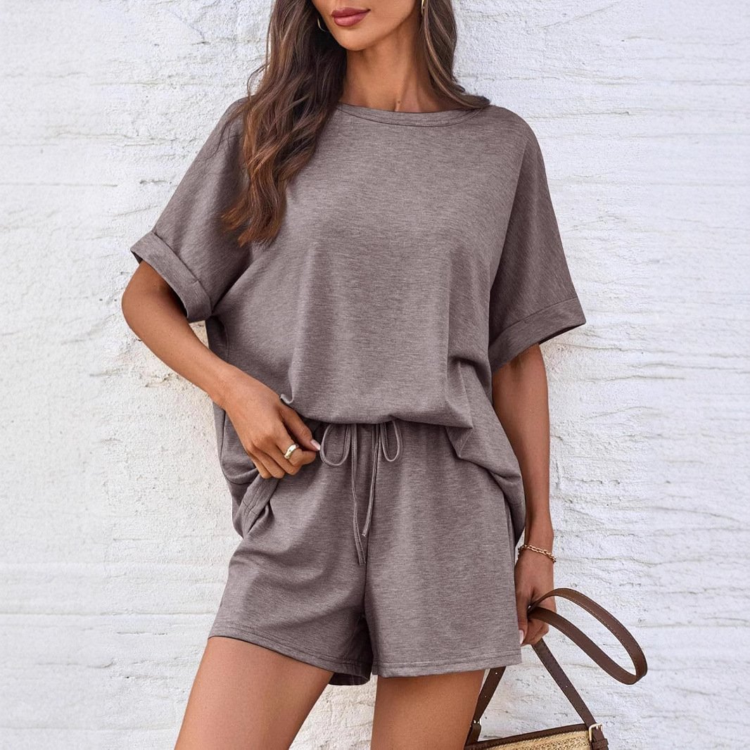 Damen Unifarben Taschennähen Dolman-Ärmel Zweiteiliges Set Täglich Halbarm Lässig Sommer Bluse mit Hose Matching Set