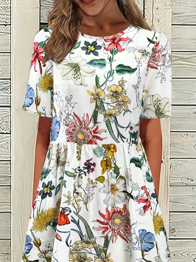Damen Geblümt Halbarm Sommer Print Kleid Rundhals Täglich Lässig Maxikleid A-Linien-Kleid