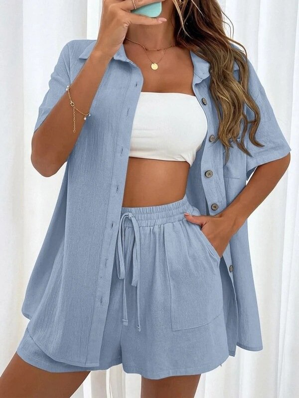 Damen Unifarben Nahtverarbeitung Zweiteiliges Set Täglich Kurzarm Lässig Sommer Bluse mit Hose Matching Set