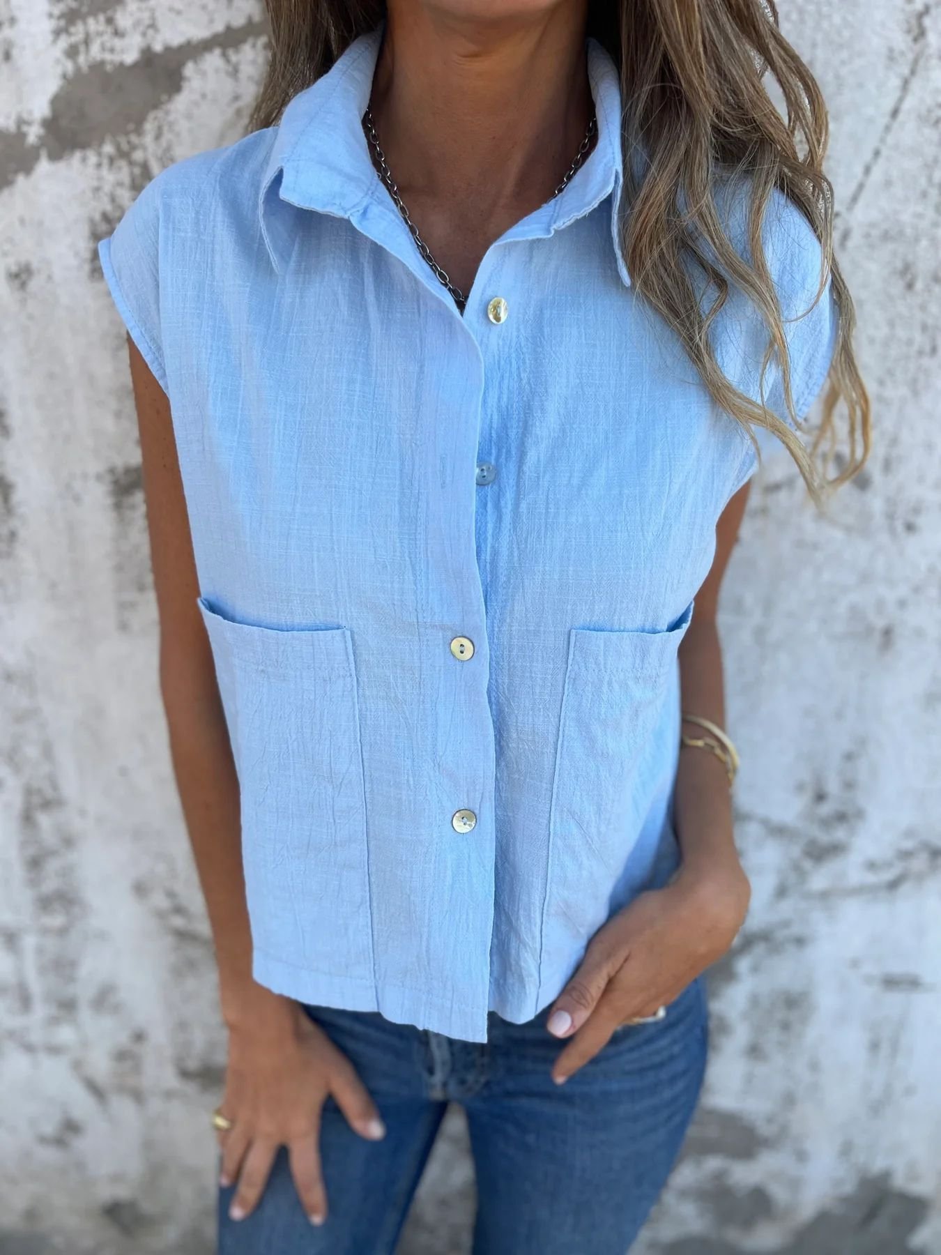 Damen Unifarben Kurzarm Bluse Sommer Schnalle Schalkragen Täglich Lässig Oberteile